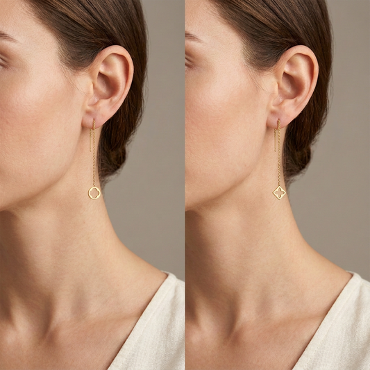 Two-panel model image wearing yellow gold circular and square openwork threader earrings