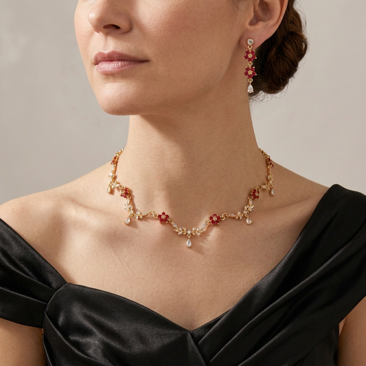 Red flower necklace and matching earrings worn together with a black satin gown