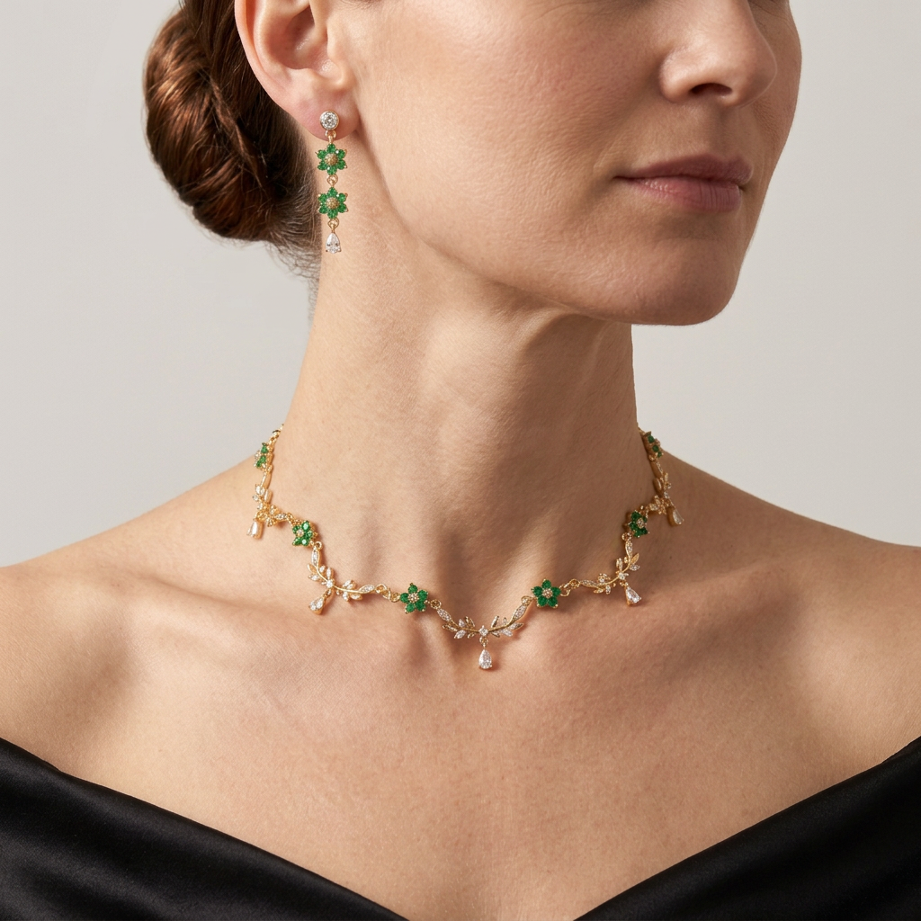 Green flower necklace and matching drop earrings worn with a black satin evening gown