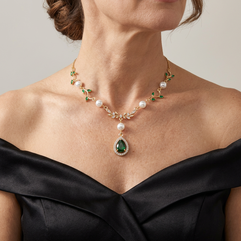 Green leaf and pearl necklace with green teardrop pendant worn with a black satin gown