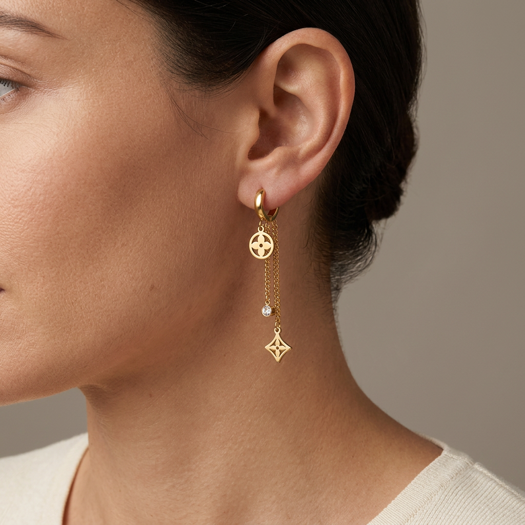 Model wearing a gold clover dangle hoop earring with chain drops and a clear stone in an eye-free close-up.