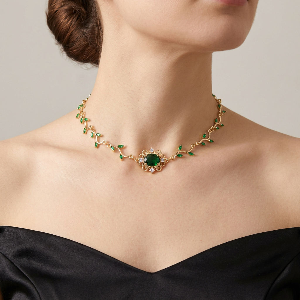 Green leaf vine choker with a central oval green stone in an openwork gold flower setting worn with a black gown