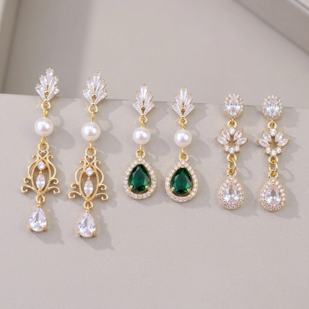 Three pairs of gold bridal earrings with pearl filigree, green teardrop and clear leaf teardrop designs on a warm gray background