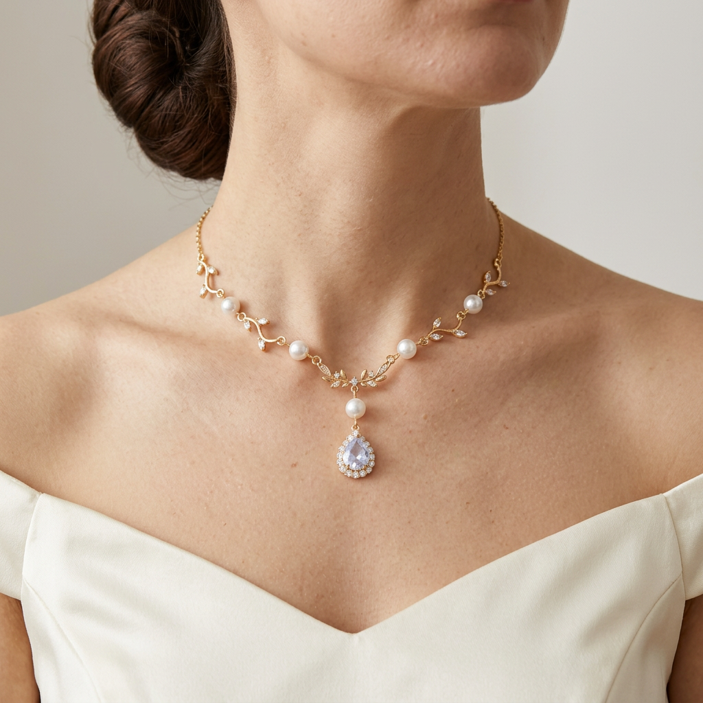 Gold leaf vine necklace with white pearls and a pale teardrop pendant worn with an ivory evening gown