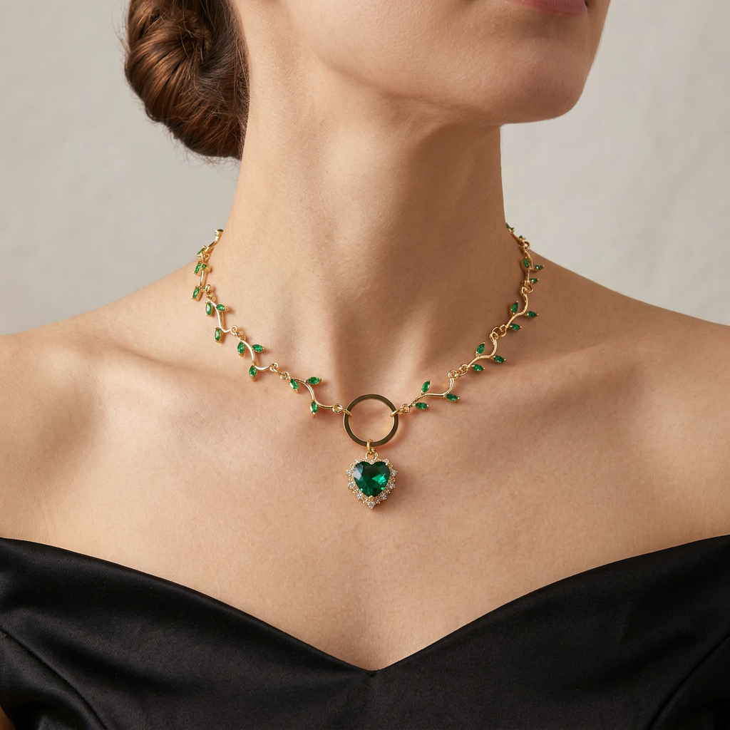 Green leaf vine necklace with central ring and green heart pendant worn with a black gown