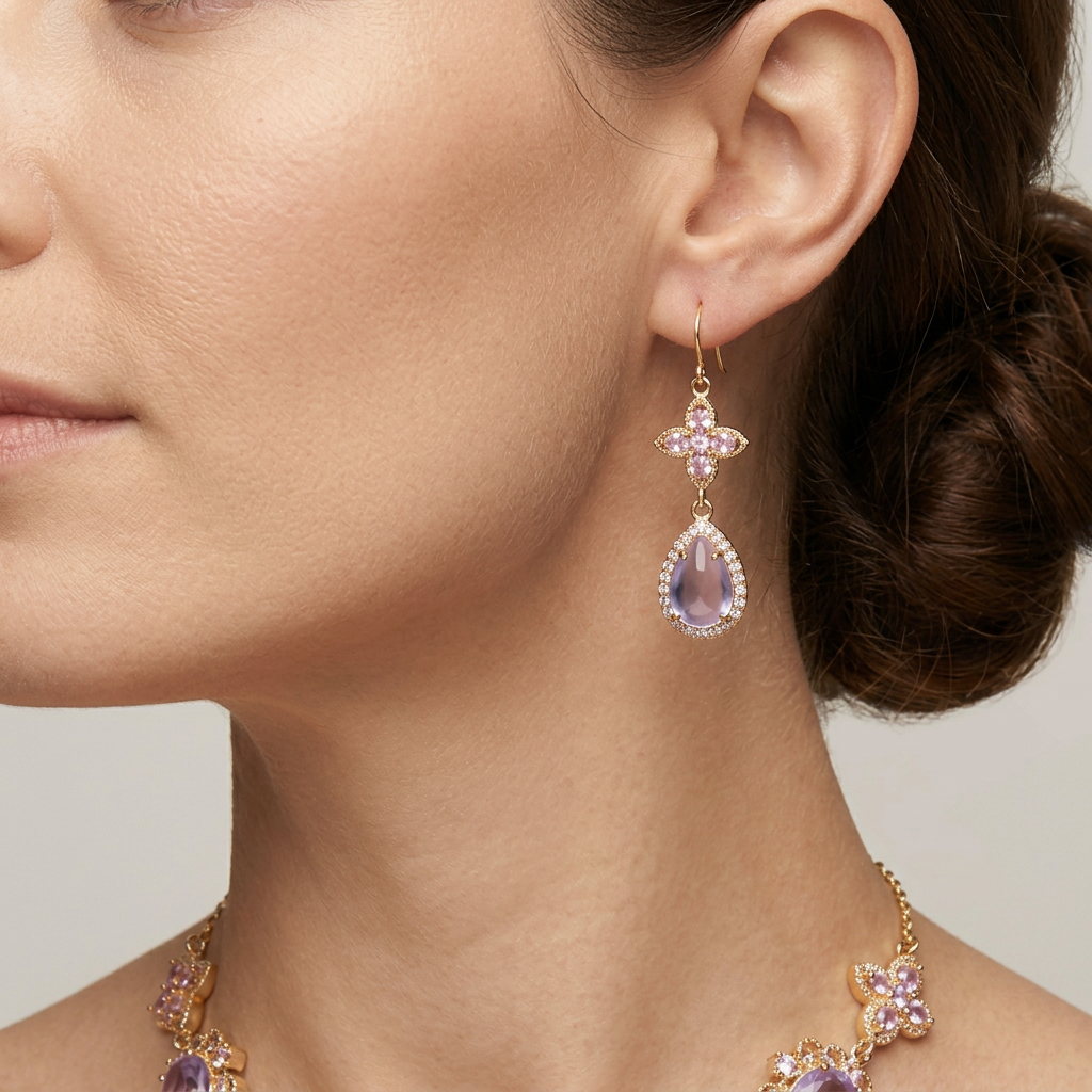 Close-up of pink clover and lavender glass teardrop earring with part of matching necklace visible