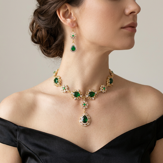 Model wearing an emerald green gold choker necklace and matching green teardrop earrings with a black evening gown