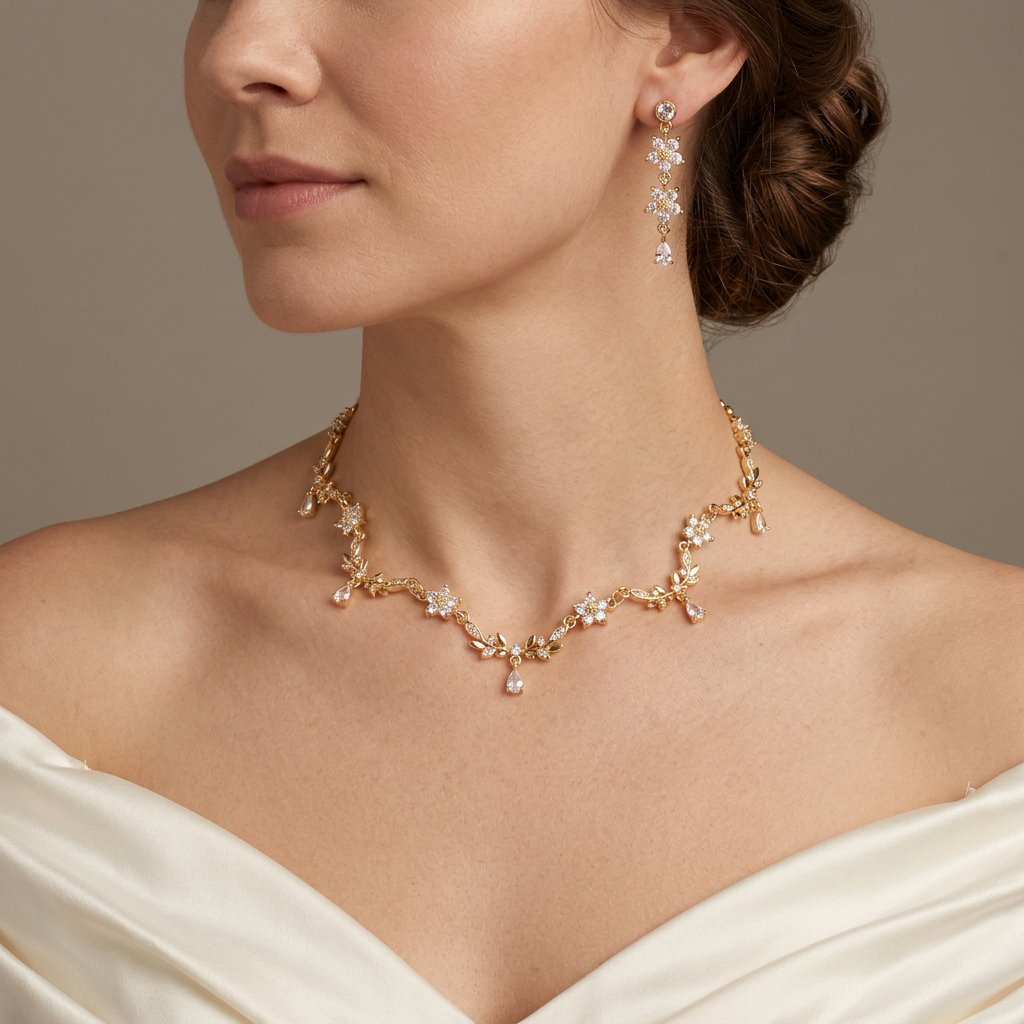 Clear crystal flower necklace and matching earrings worn with an ivory evening gown