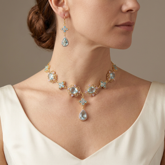 Matching pale blue necklace and teardrop earrings worn together with an ivory satin gown