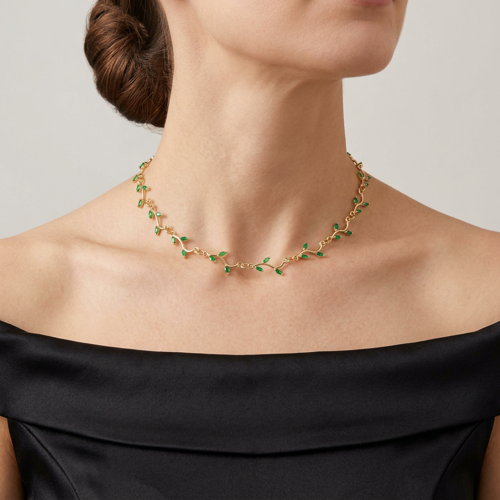 Plain green leaf vine choker without a pendant worn with a black evening gown