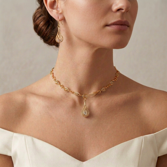 Model wearing a gold twisted choker with lantern pendant and matching lantern earrings