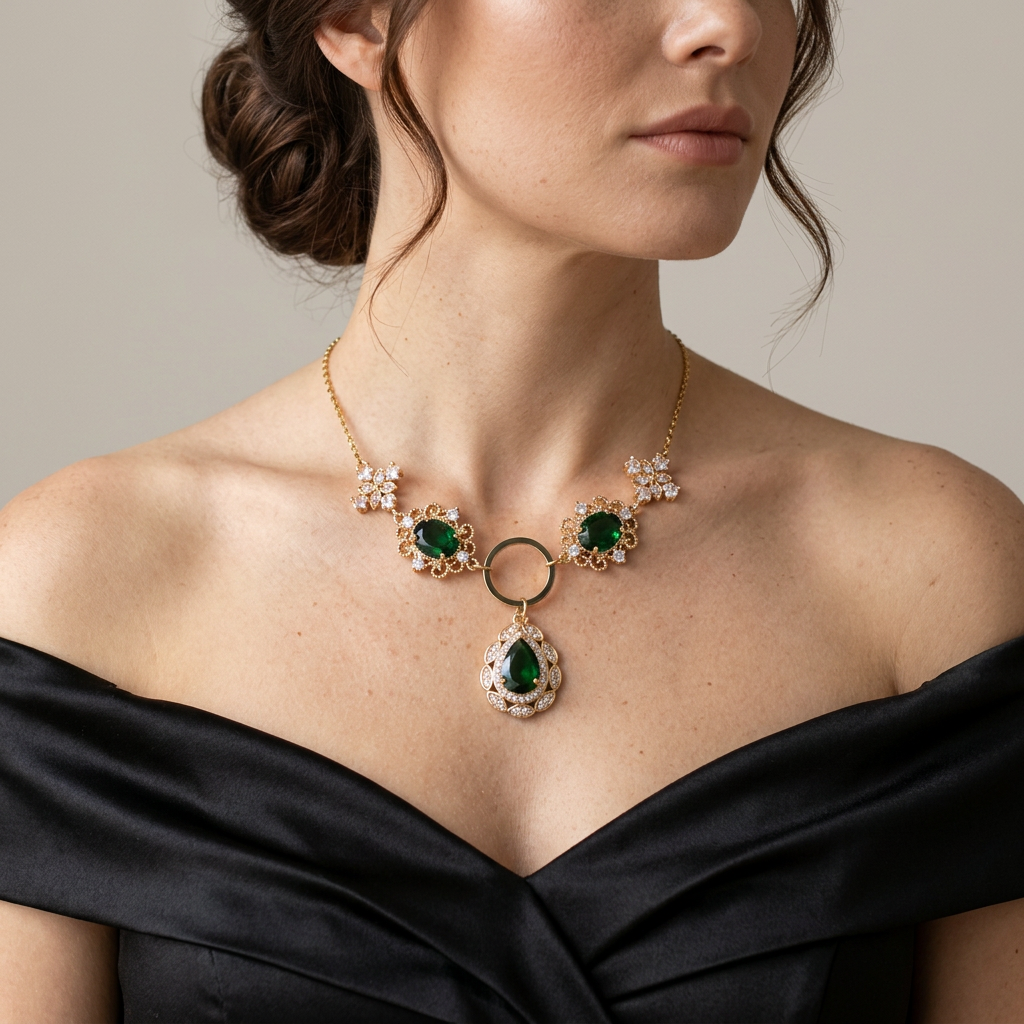 Gold necklace with two oval green flower settings, central ring and ornate green teardrop pendant worn with a black gown