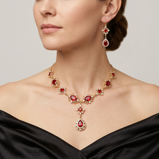 Red crystal necklace and matching teardrop earrings worn together with a black satin gown