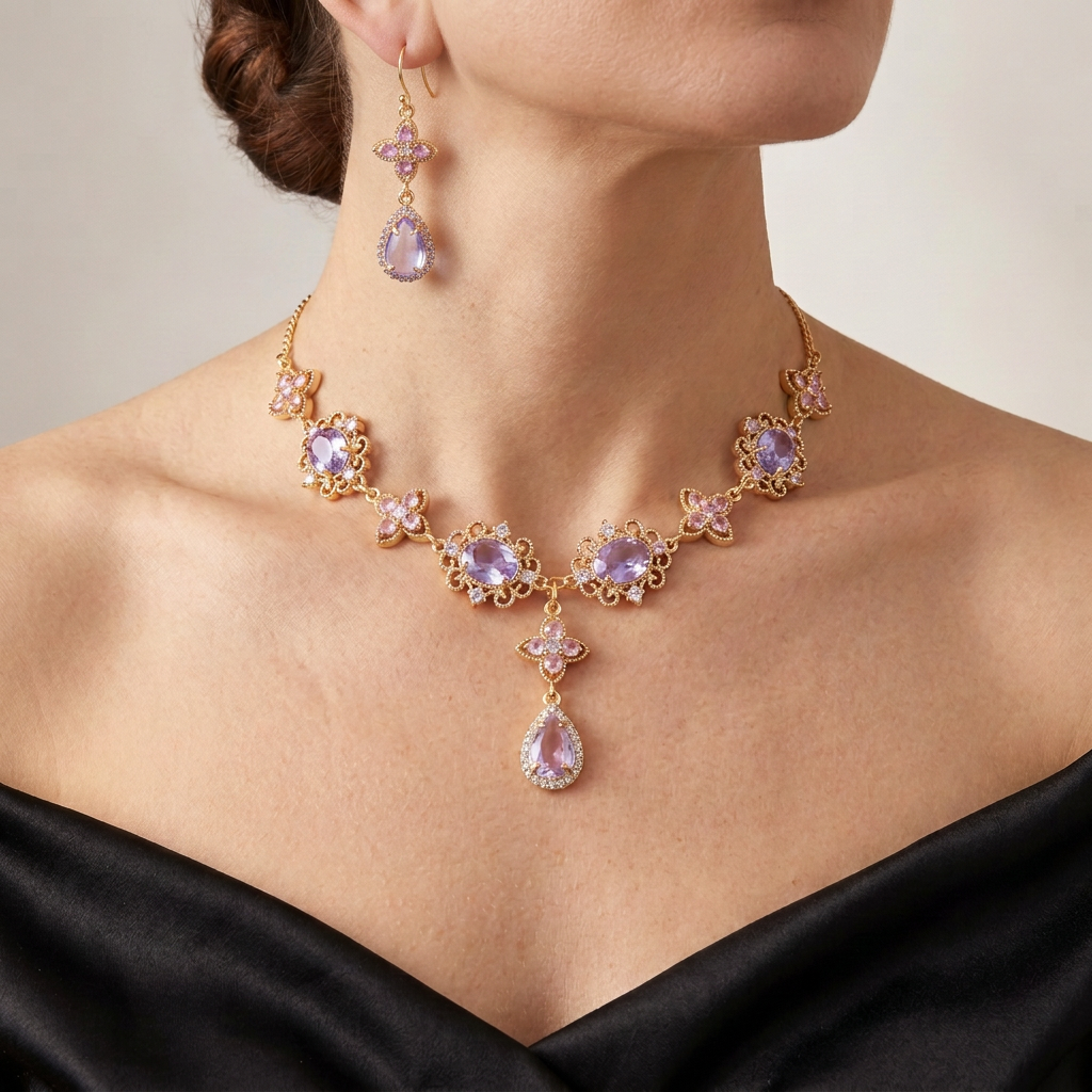 Model wearing pink and purple necklace with matching clover and glass teardrop earrings and a black satin gown