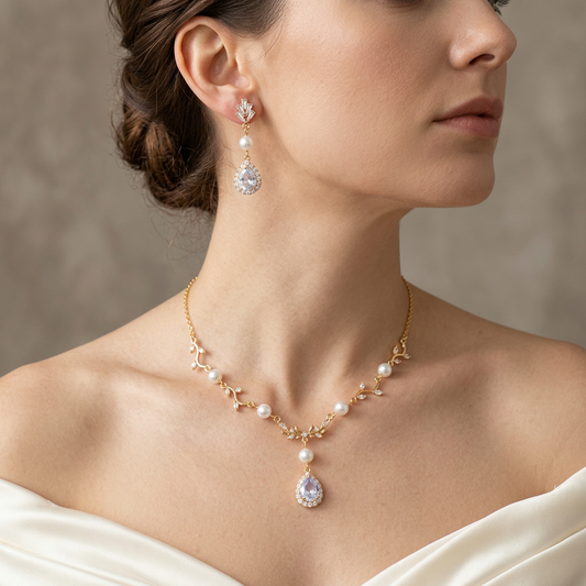 Model wearing a gold leaf vine white pearl teardrop necklace and matching fan crystal pearl drop earrings with an ivory evening gown