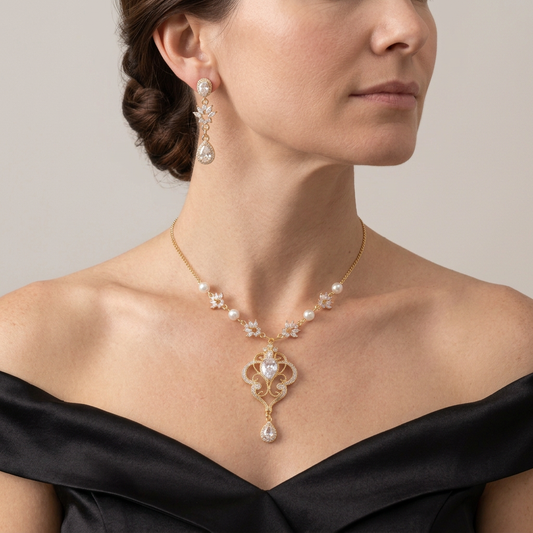 Pearl openwork pendant necklace and matching clear leaf teardrop earrings worn with a black satin gown