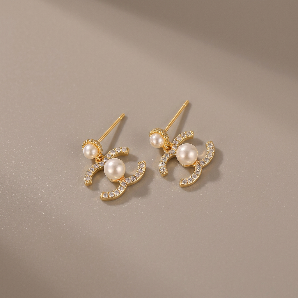 Gold double-C crystal and pearl earrings with visible stud posts on a warm-gray background.