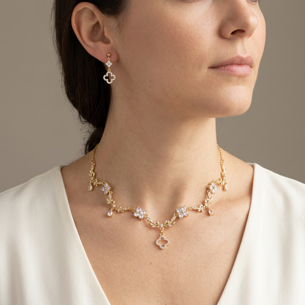 Model wearing the gold leaf vine clover necklace and matching crystal clover earrings