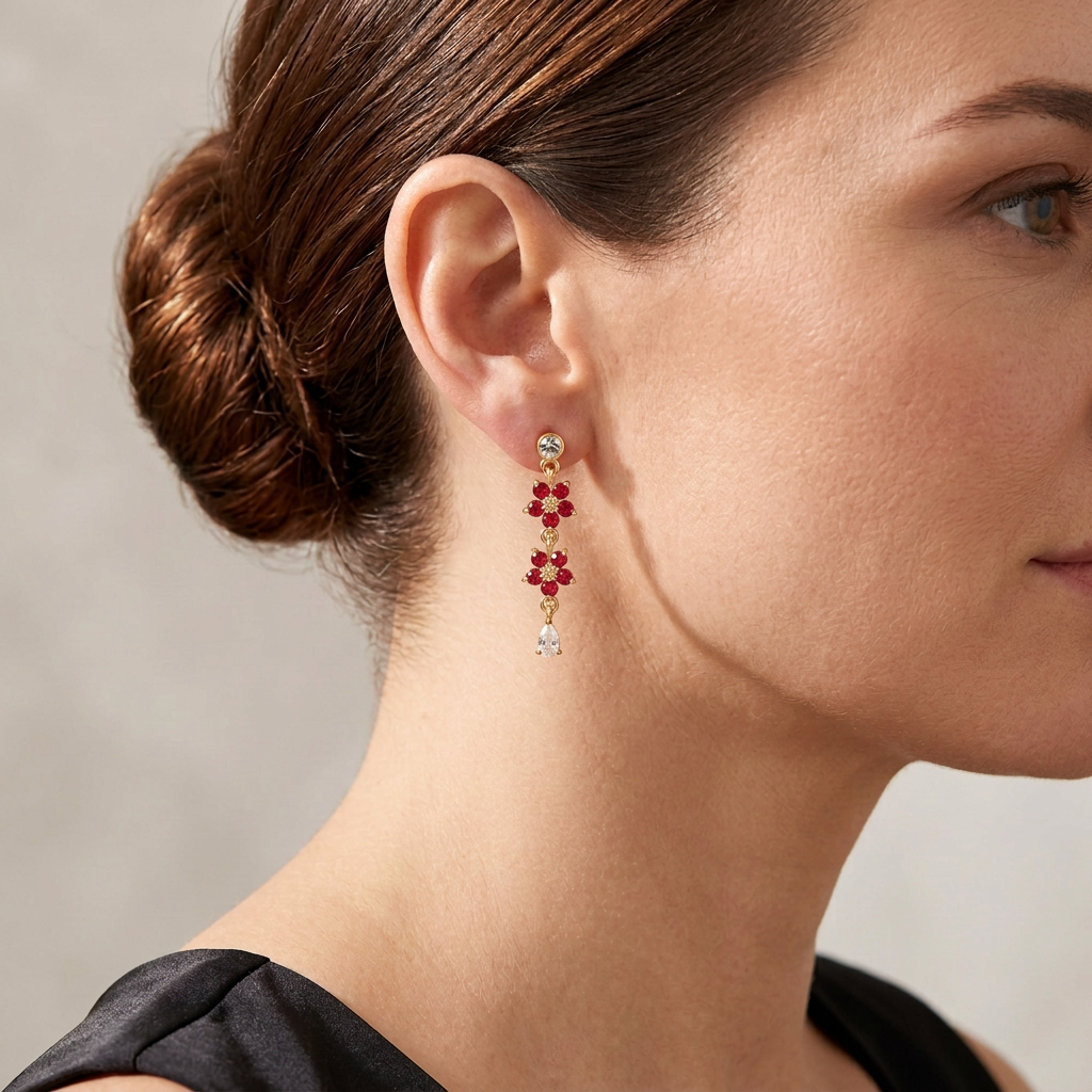 Red double flower earrings with clear stud and teardrop worn with a black gown