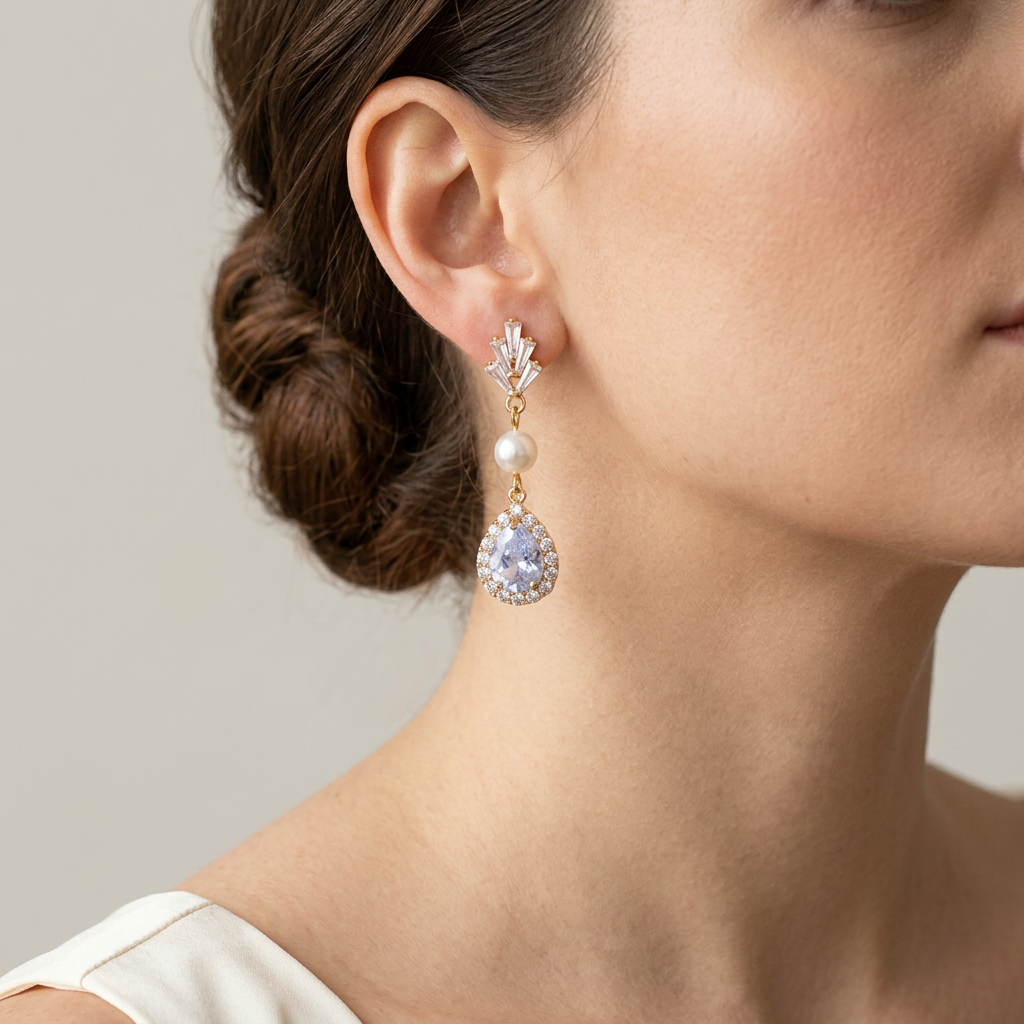 Model wearing gold fan crystal stud earrings with white pearl and halo teardrop drops, styled with an ivory evening gown