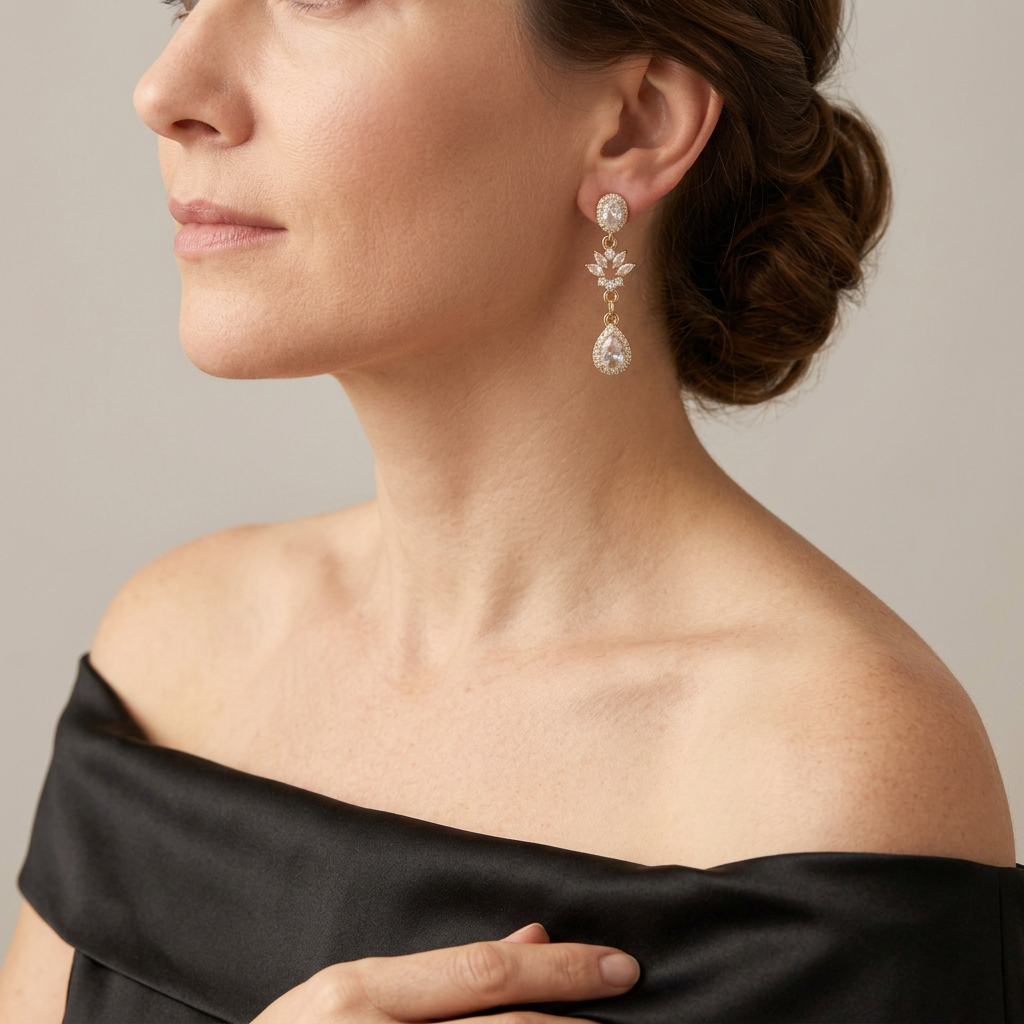 Oval clear halo stud earrings with crystal leaf cluster and teardrop worn with a simple black gown