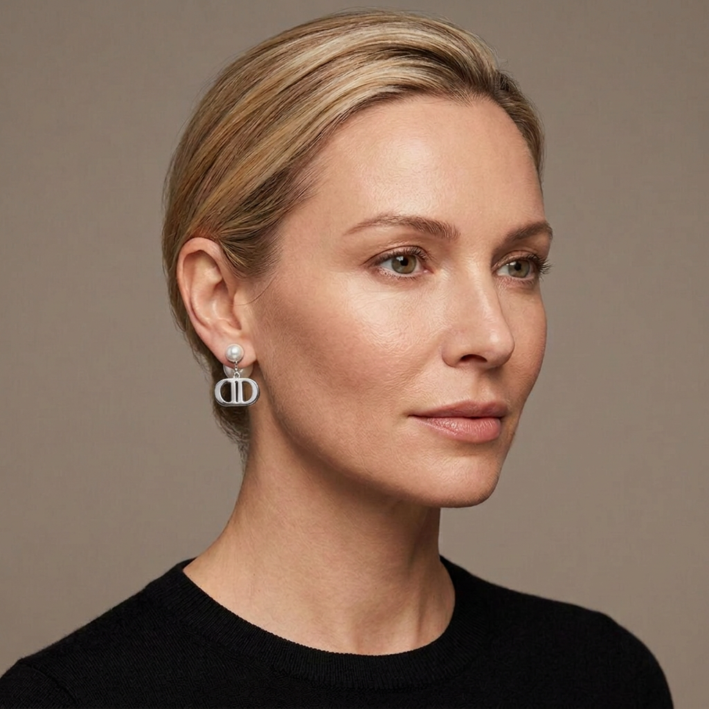 Model wearing silver double-D drop earrings with white pearl studs and larger rear pearls.