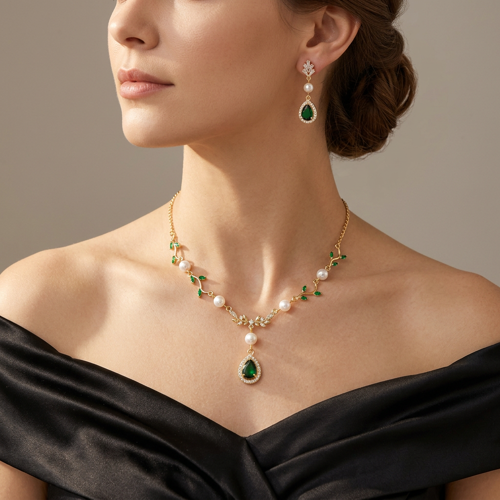 Green leaf pearl necklace and matching green teardrop earrings worn together with a black satin gown