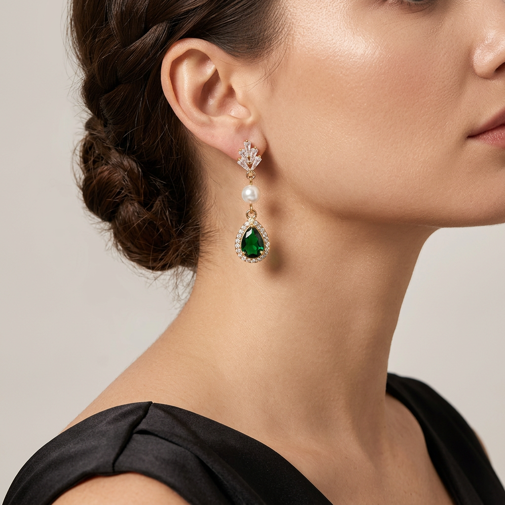Clear leaf stud earrings with white pearl and green teardrop worn with a black evening gown