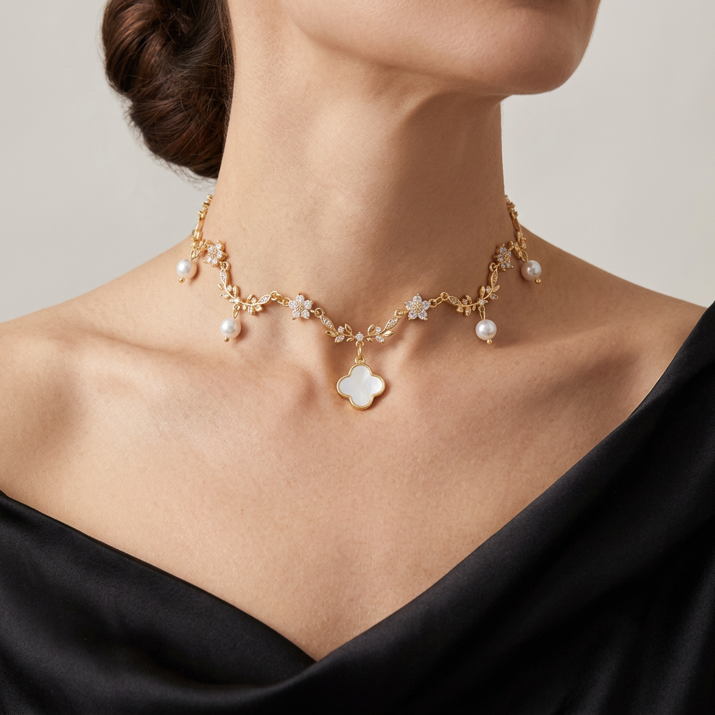 Mother of pearl clover pendant necklace with gold leafy links and hanging pearls worn with a black satin gown
