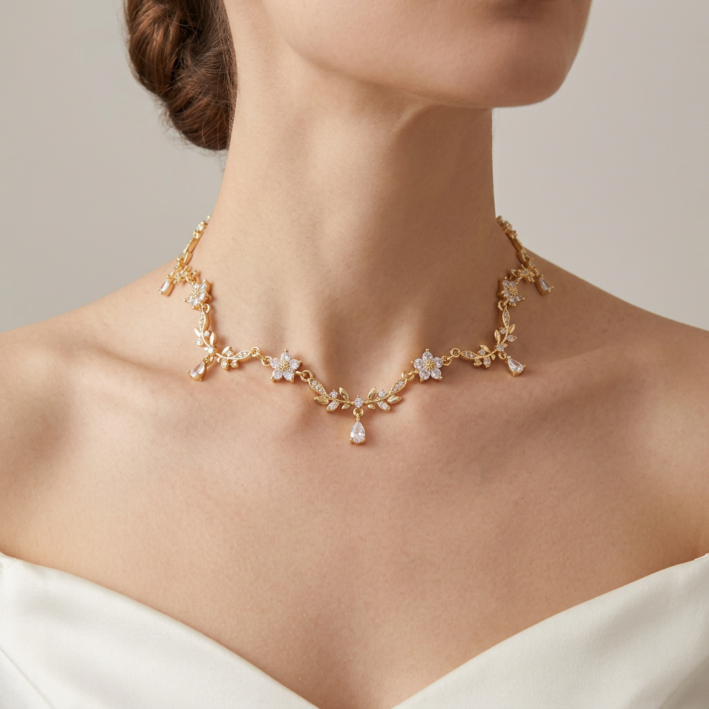 Clear crystal flower and gold leaf necklace worn with an ivory satin gown