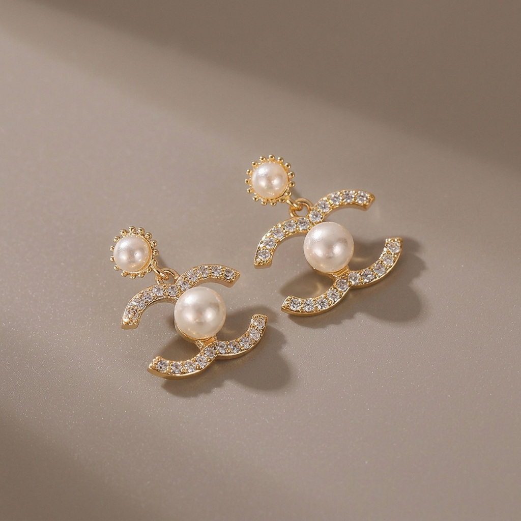 Gold double-C crystal and pearl earrings on a warm-gray background.
