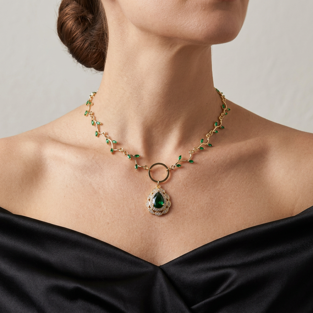 Green leaf vine necklace with central ring and ornate green teardrop pendant worn with a black gown
