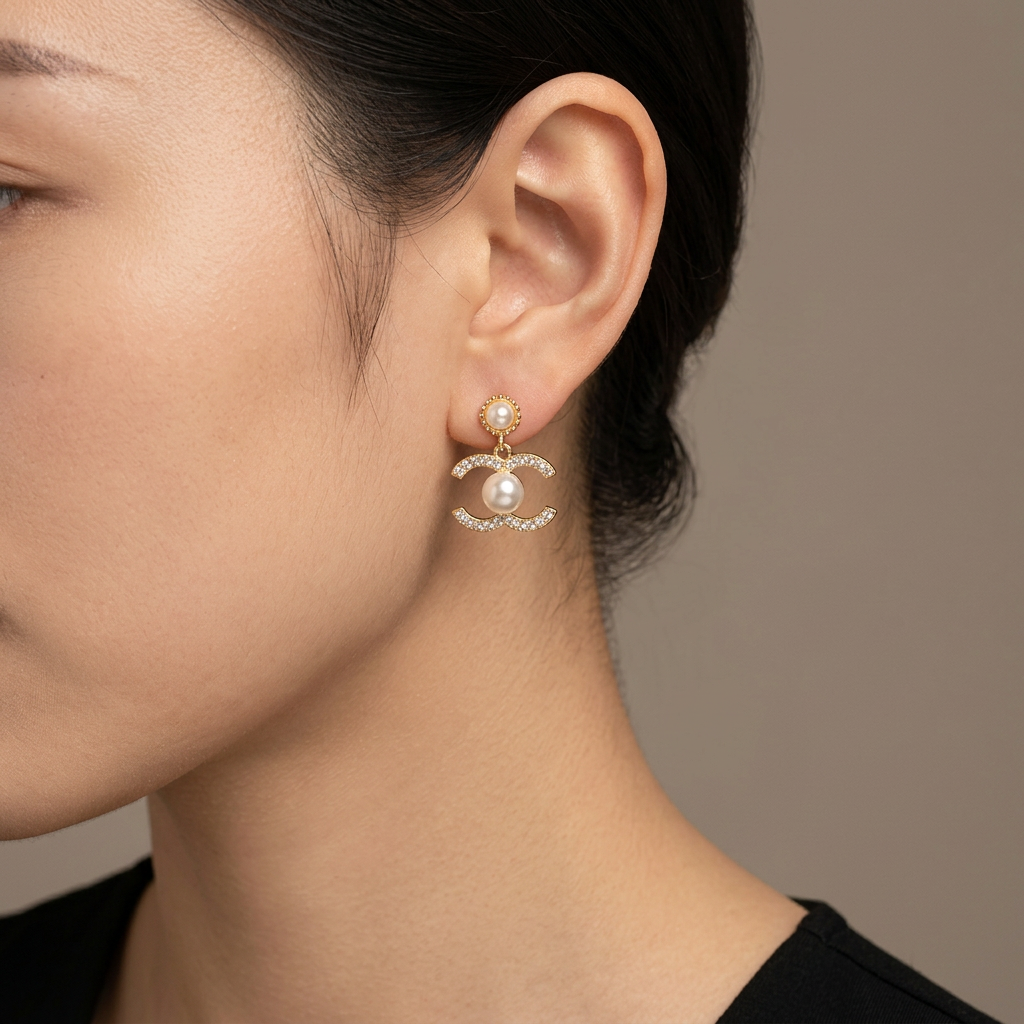 Model wearing gold double-C crystal and pearl drop earrings.