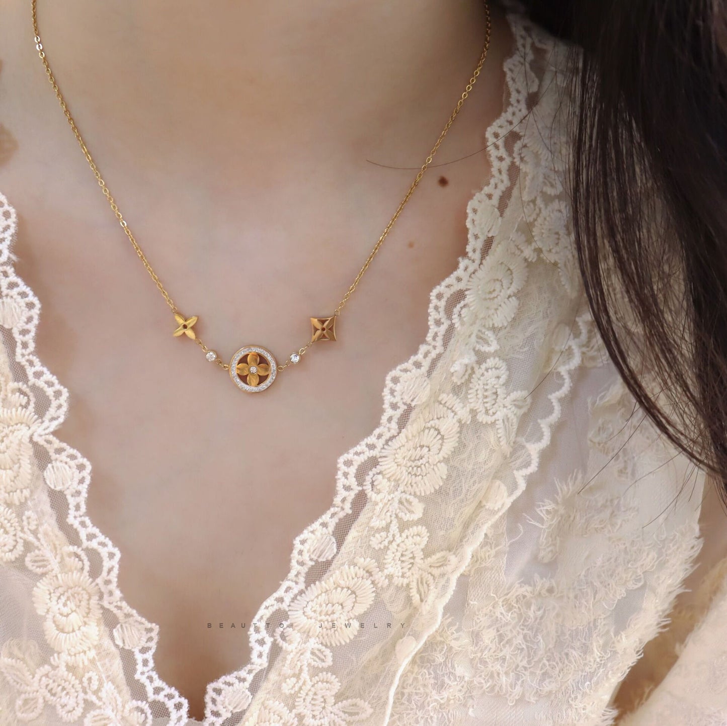 18K Gold Tarnish Free CZ Four Leaf Clover Bracelet,Clover Necklace,Clover Jewelry Set