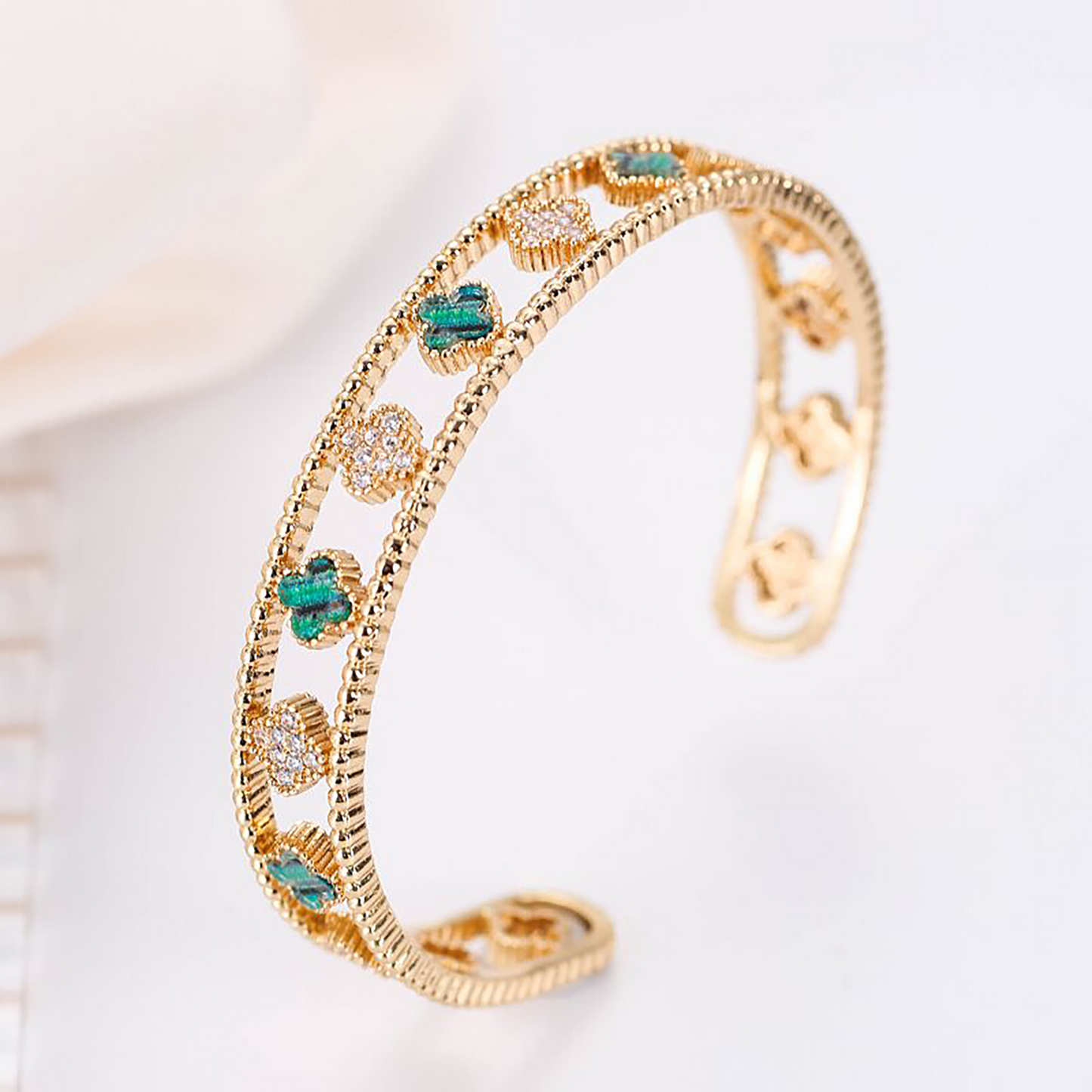 18K Gold Four Leaf Clover Bracelet Bangle Cuff,Black White Clover Bangle Bracelet