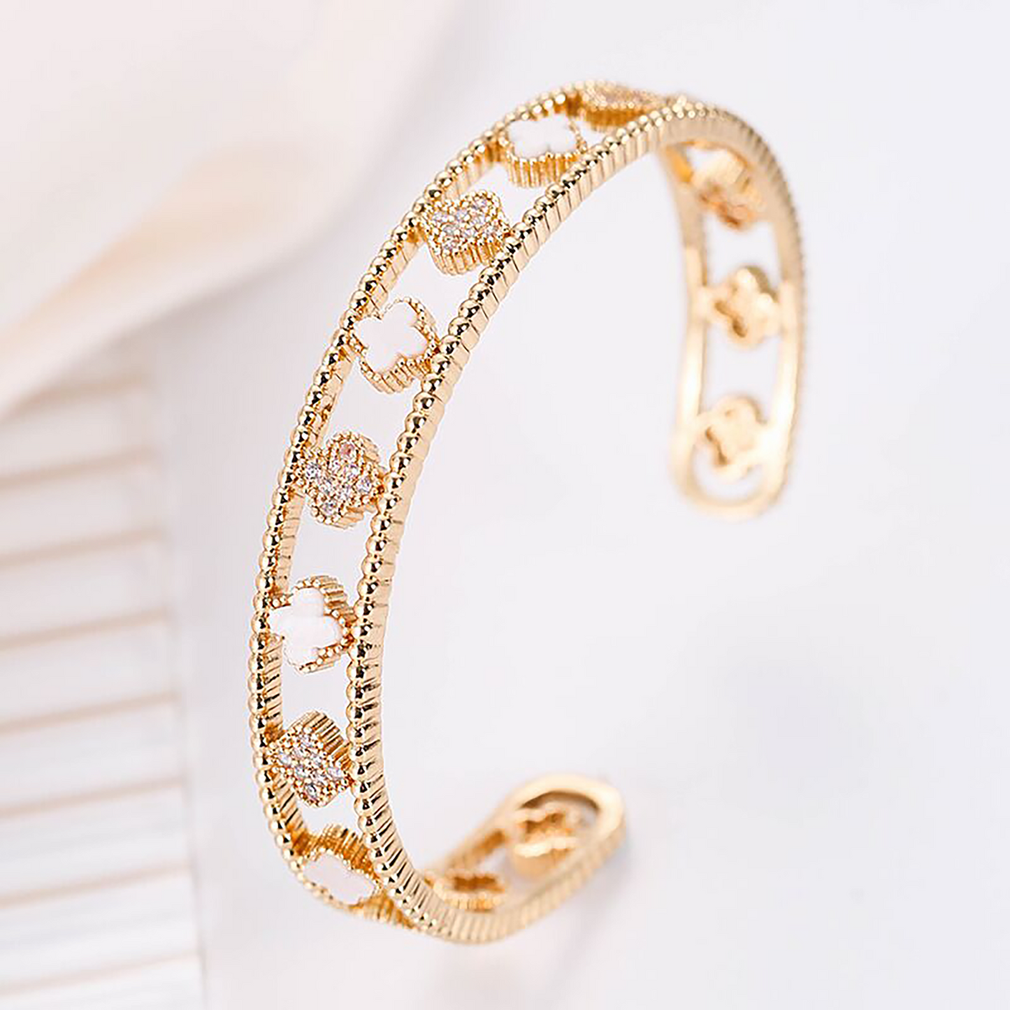 18K Gold Four Leaf Clover Bracelet Bangle Cuff,Black White Clover Bangle Bracelet