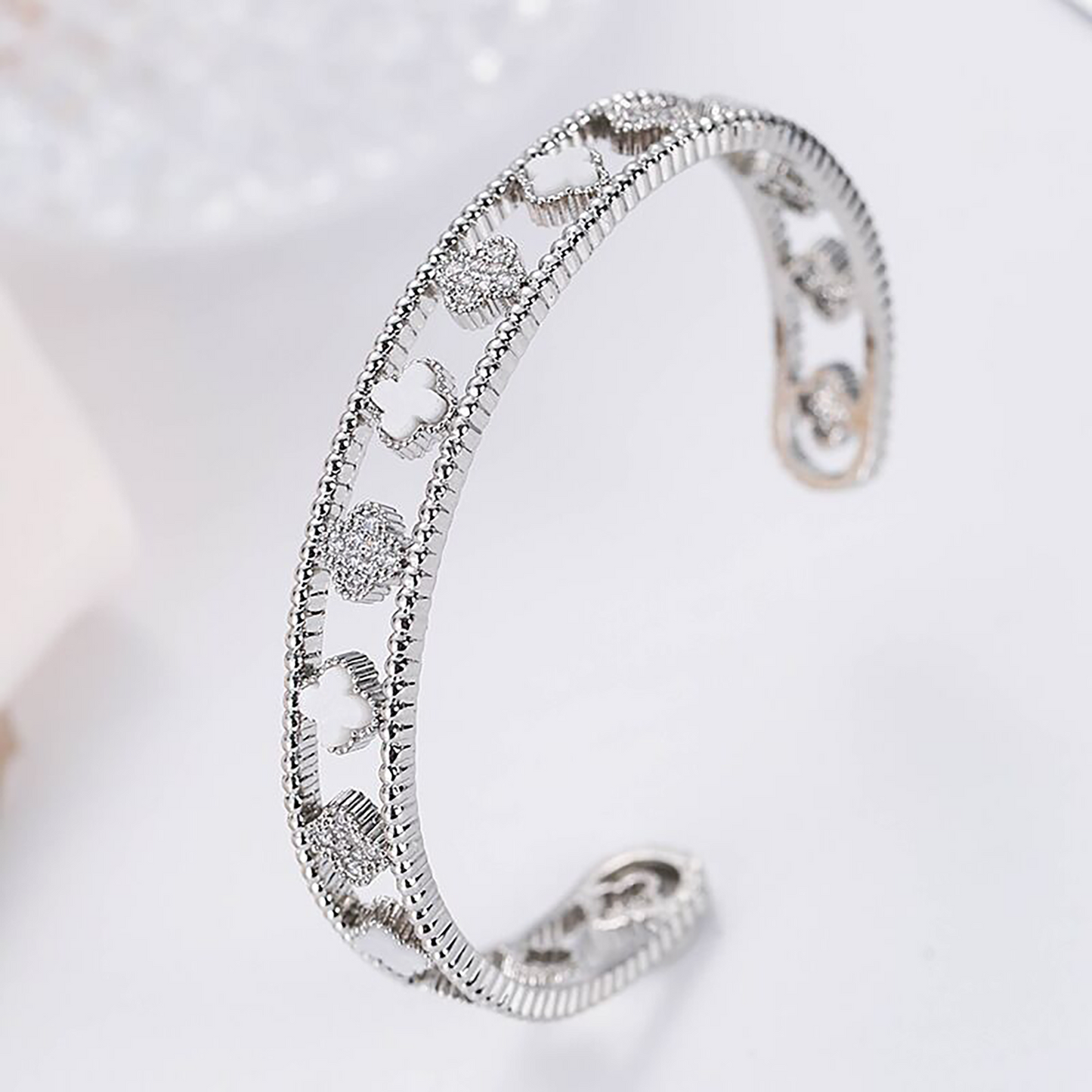 18K Gold Four Leaf Clover Bracelet Bangle Cuff,Black White Clover Bangle Bracelet