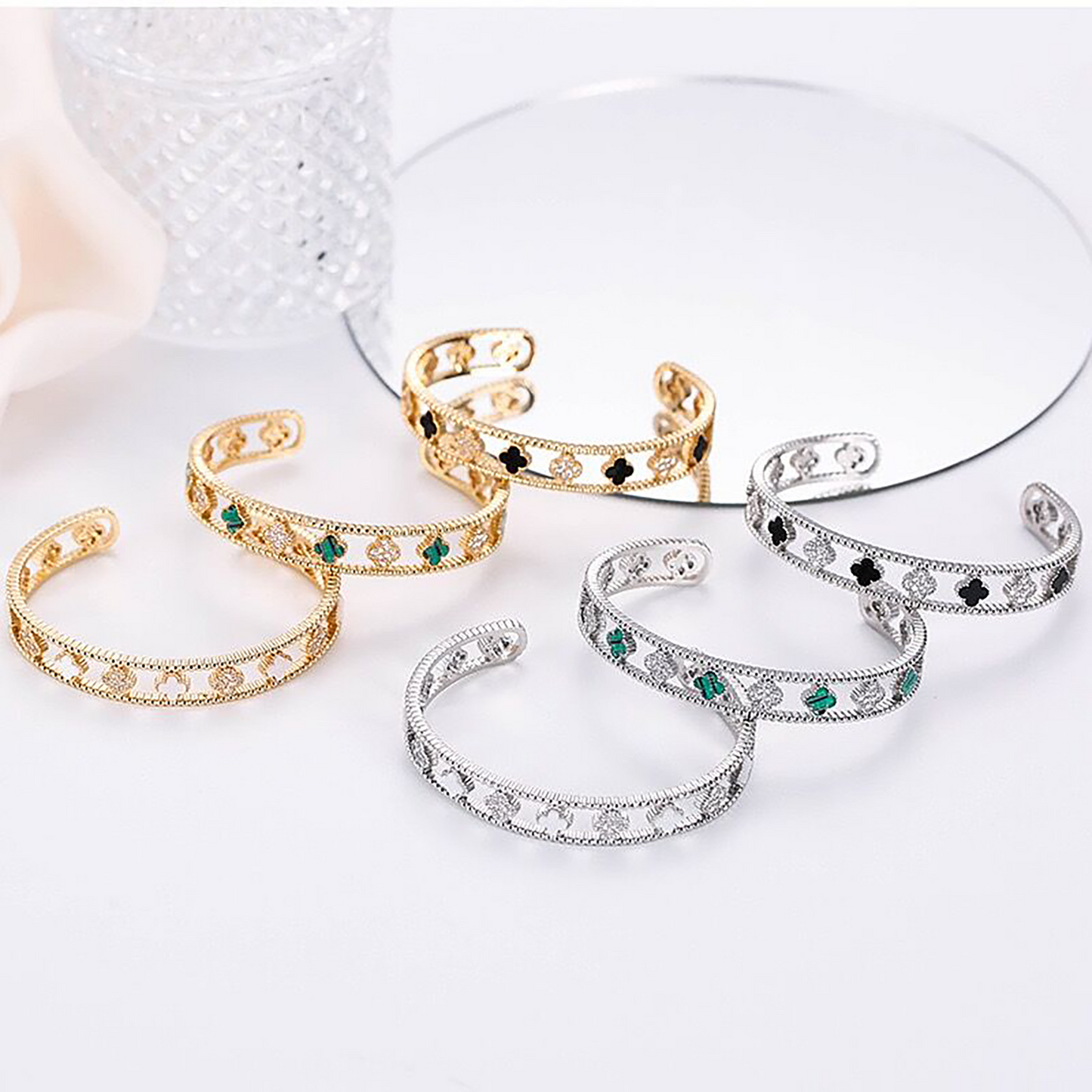 18K Gold Four Leaf Clover Bracelet Bangle Cuff,Black White Clover Bangle Bracelet