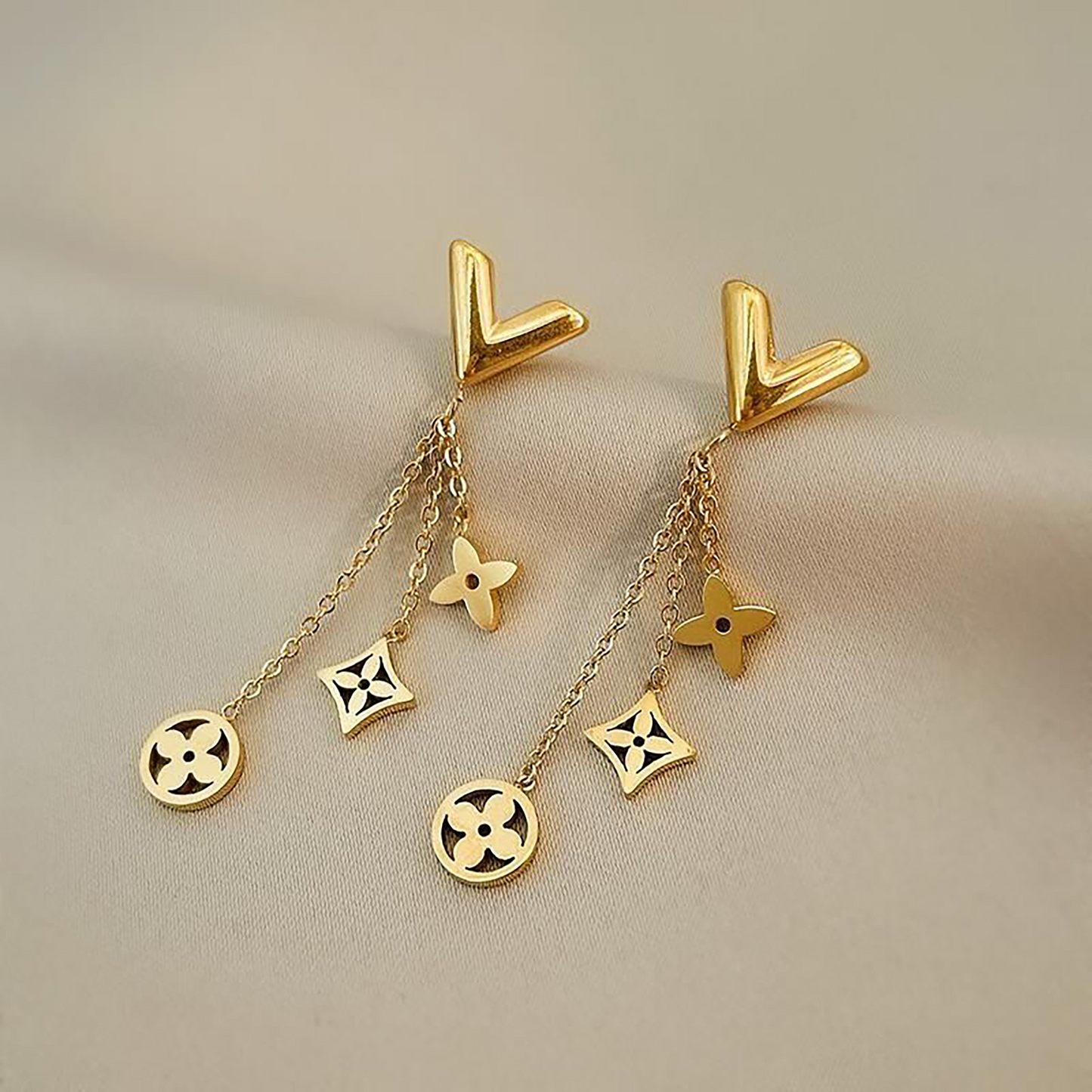 18K Gold Filled Four Leaf Clover V Earrings,Clover Dangle Earrings