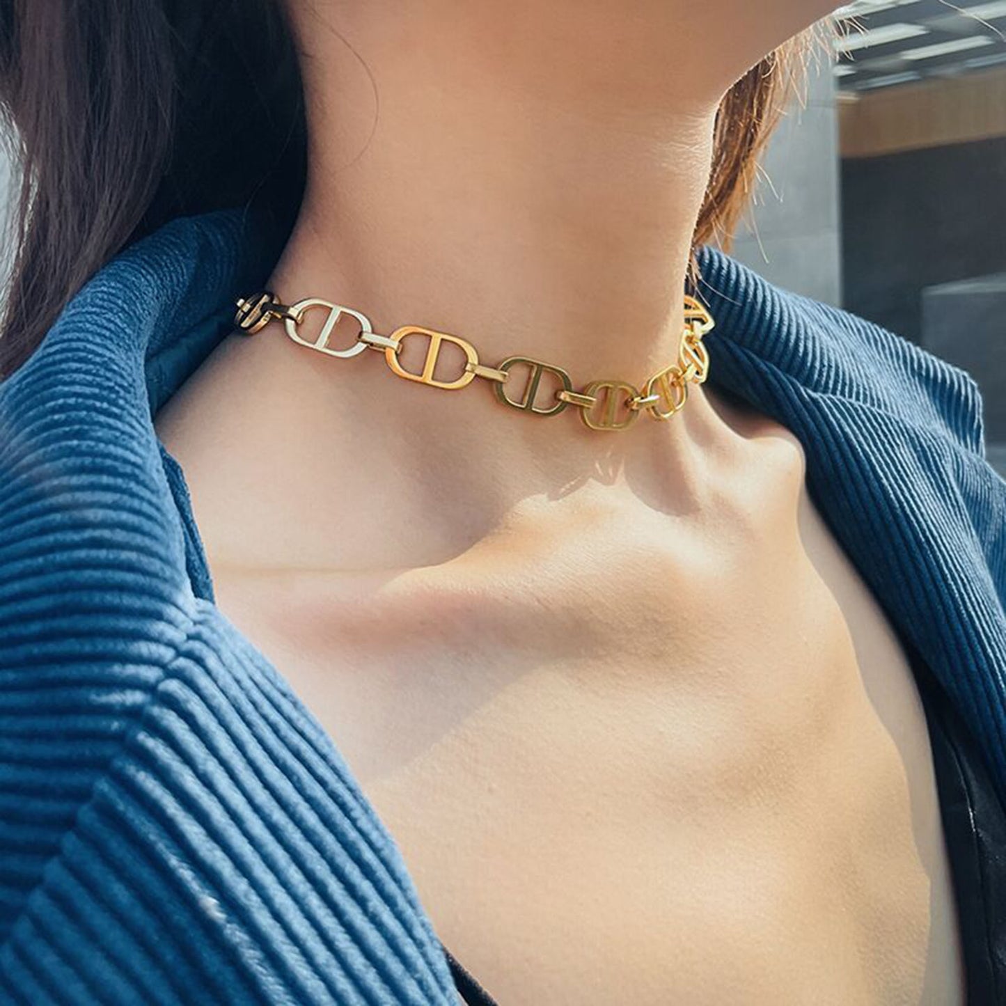 18K Gold Stainless Steel CD Chunky Choker Necklace,Tarnish Free Curb Link Chunky Chain Necklace