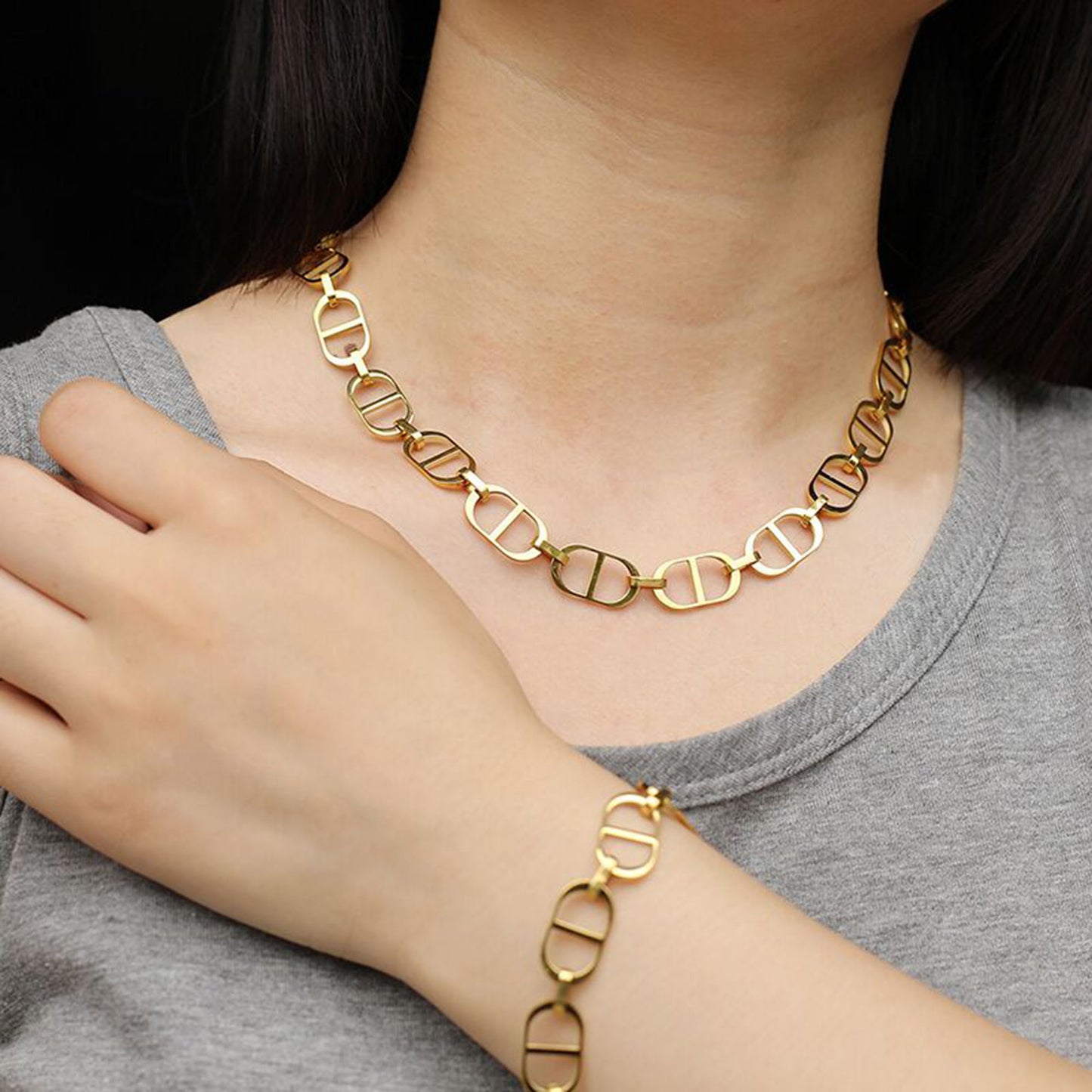 18K Gold Stainless Steel CD Chunky Choker Necklace,Tarnish Free Curb Link Chunky Chain Necklace