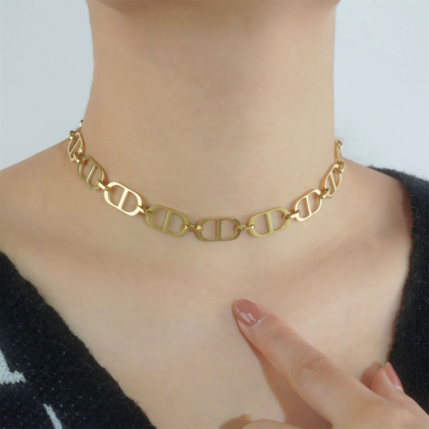 18K Gold Stainless Steel CD Chunky Choker Necklace,Tarnish Free Curb Link Chunky Chain Necklace