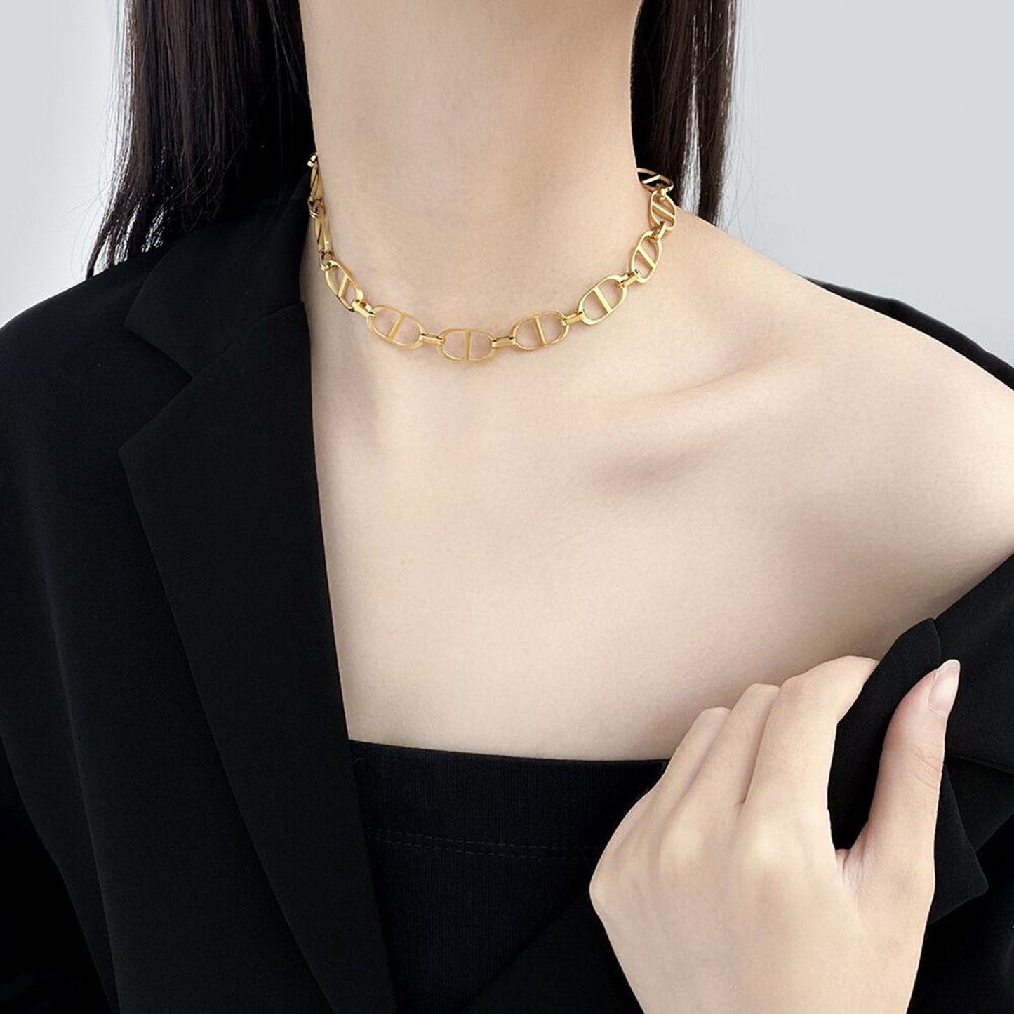 18K Gold Stainless Steel CD Chunky Choker Necklace,Tarnish Free Curb Link Chunky Chain Necklace