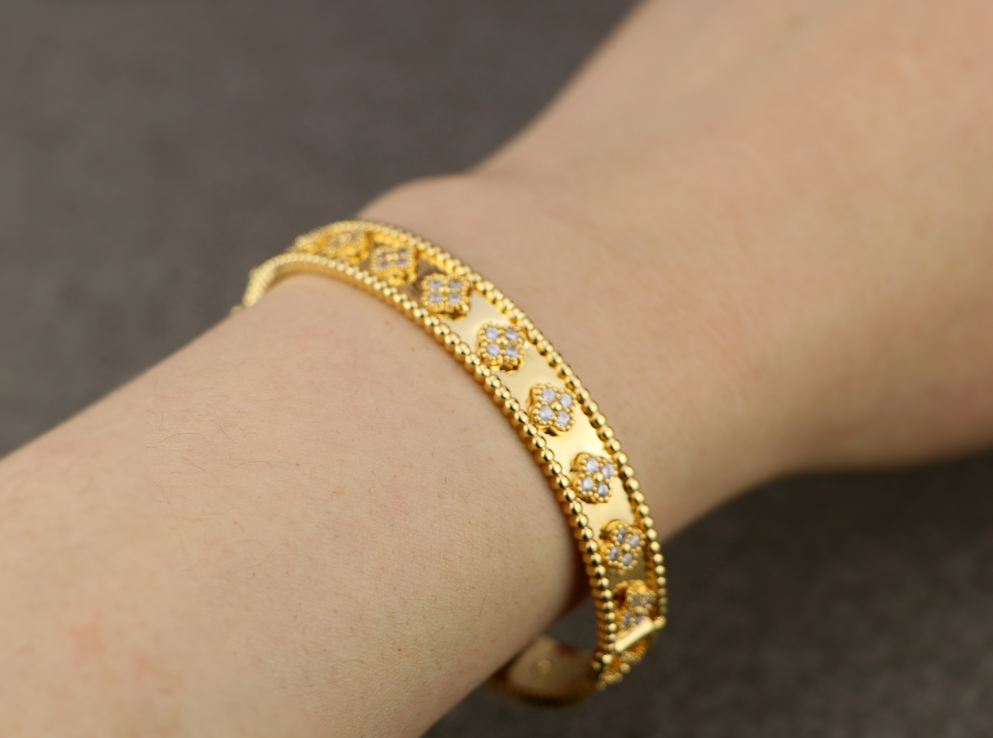 18K Gold Luxurious Perlee Four Leaf Clover Ring Bangle Set,Luxury Clover Jewelry Set,Clover Gifts