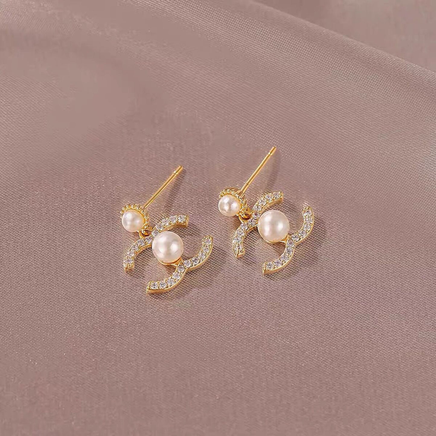Double C Letter Pearl Earrings, Crystal Pearl Drop Earrings,Silver Gold CC Letter Dangle Earrings,