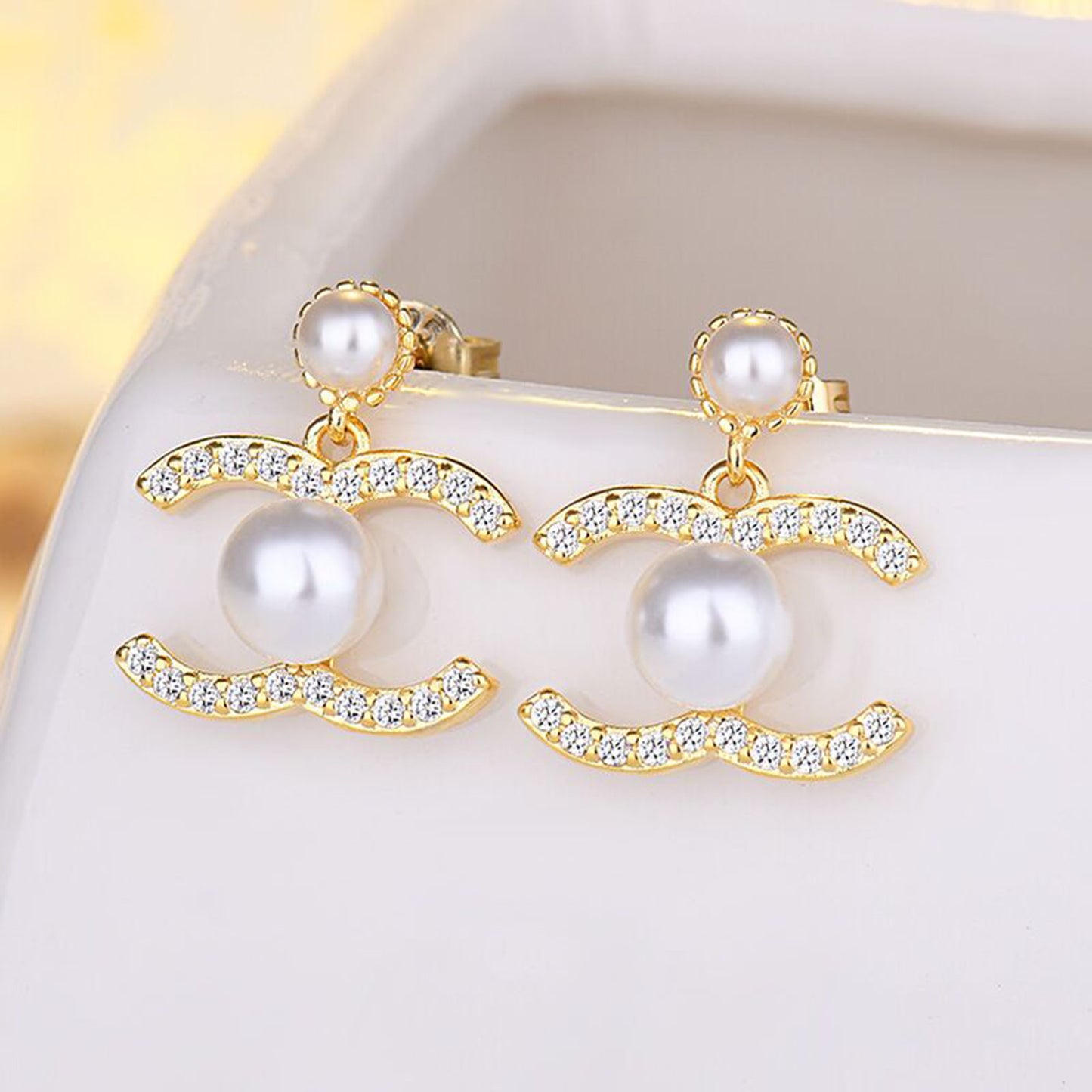 Double C Letter Pearl Earrings, Crystal Pearl Drop Earrings,Silver Gold CC Letter Dangle Earrings,