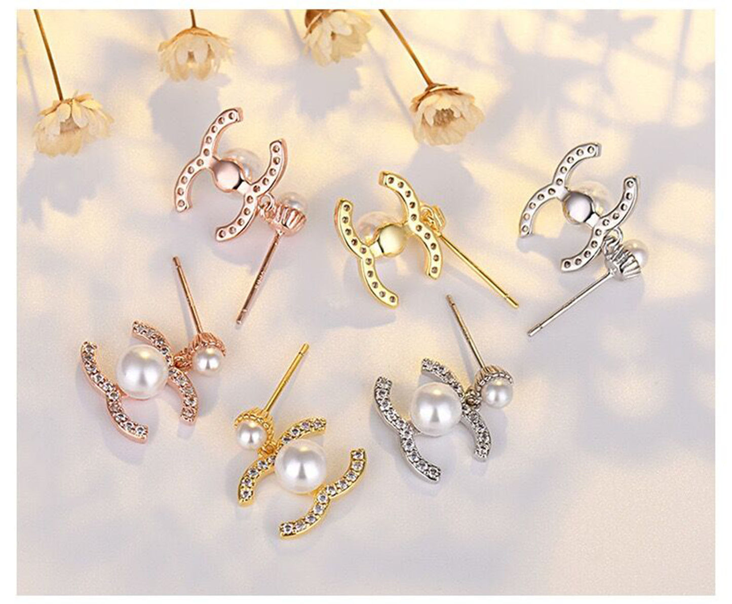 Double C Letter Pearl Earrings, Crystal Pearl Drop Earrings,Silver Gold CC Letter Dangle Earrings,