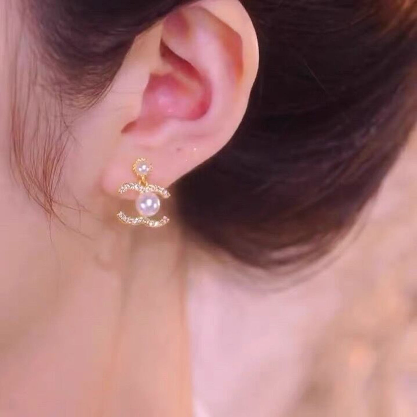 Double C Letter Pearl Earrings, Crystal Pearl Drop Earrings,Silver Gold CC Letter Dangle Earrings,