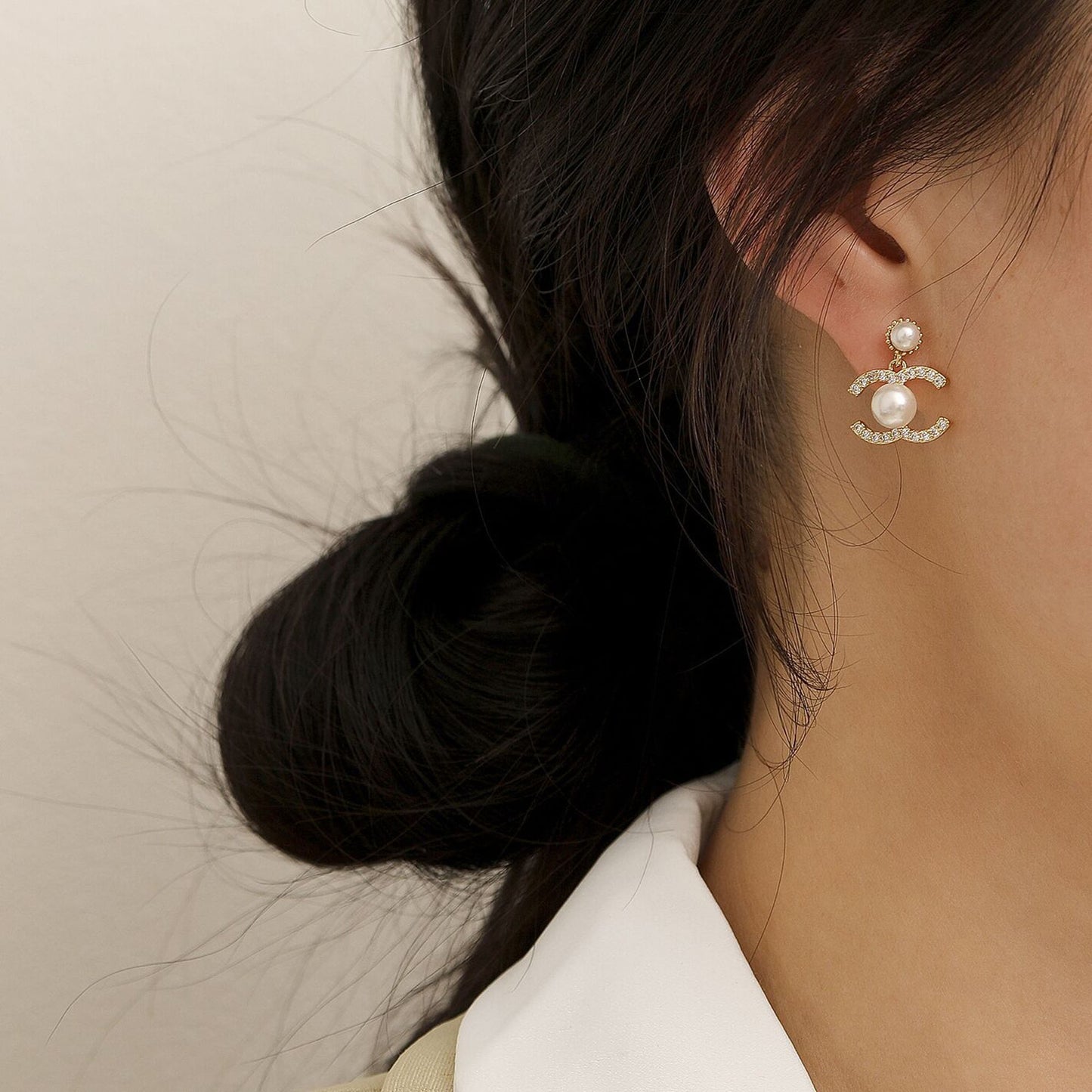 Double C Letter Pearl Earrings, Crystal Pearl Drop Earrings,Silver Gold CC Letter Dangle Earrings,