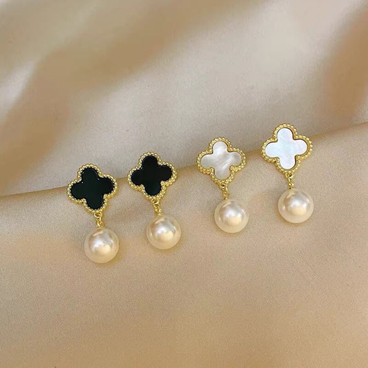 Gold Black White Clover With Pearl Drop Earrings,White Four Leaf Clover Earrings